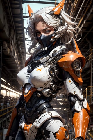 mecha musume, face mask, upper body, underboob, portrait, robot,white orange armor, white shimmering hair, neon light, 8K, RAW, best quality, masterpiece, ultra high res, colorful, (medium wide shot), (dynamic perspective), sharp focus ,depth of field, extremely detailed eyes and face, beautiful detailed eyes,large breasts,(black gold, trimmed gear:1.2),(In a futuristic weapons factory:1.2), ((masterpiece, best quality)), Detailed background, spaceship interior