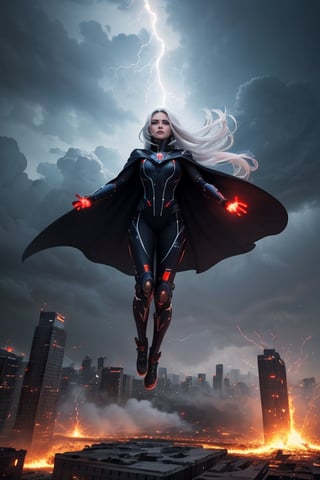 masterpiece, top quality, best quality, 1girl in t-pose, levitating, sparks, windy, cape, hovering, destroyed city, apocalypse, dystopian city in flames, long white hair, colorful, highest detailed, hypermaximalistic, flying debris, zero gravity, shooting lightning from hands, red glowing eyes, evil villain, lens flares, dark clouds