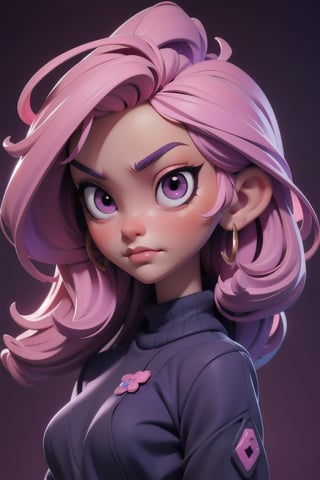 3dmm style,(masterpiece, top quality, best quality, official art, beautiful and aesthetic:1.2), (fractal art:1.3), 1girl, beautiful, high detailed, purple hair with a hint of pink, pink eyes, dark lighting, serious face, looking the sky, sky, medium shot, black sweater, jewelry,3DMM
