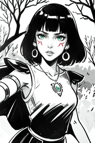 inksketch style，(masterpiece, best quality:1.1), ghibli style, san \(mononoke hime\), 1girl, armlet, bangs, black hair, black undershirt, breasts, cape, circlet, earrings, facepaint, floating hair, forest, fur cape, green eyes, jewelry, looking at viewer, medium breasts, nature, necklace, outdoors, parted bangs, shirt, short hair, sleeveless, sleeveless shirt, solo, tooth necklace, tree, upper body, white shirt ,photorealistic,analog,realism,inksketch