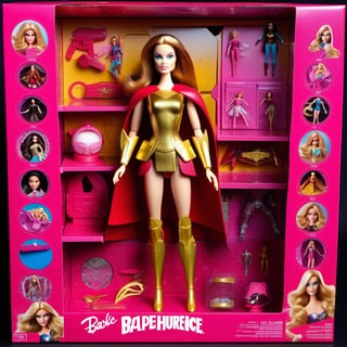premium playset toy box, (masterpiece, best quality, ultra detailed, absurdres),(inboxDollPlaySetQuiron style), the barbie superheroine angelina jolie, (plastic toy playset pack), inside gift box, 