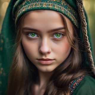 cinematic photo Portrait of a divinely beautiful, gorgeous, stunning, cute, Ukrainian teen girl with striking green eyes in the war . The luminosity of her green eyes is the focal point, contrasting with the earthy tones of her attire. Influenced by the realistic styles of classic portrait artists, with a focus on intricate detailing and natural lighting . The end result should be a high-resolution portrait capturing her cultural essence and the vividness of her eyes, 35mm photograph, film, bokeh, professional, 4k, highly detailed.