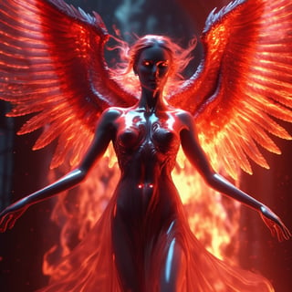 angel from hell, wings of fire:3, made of translucent ghost (red:2), dynamic posture (leaping towards the viewer), sinister look in her eyes, scary, demonic, trippy visuals, bright energy flows throughout her aura,, full body portrait, ultra-realism, chaotic background, hyper-detailed, intricate, infinite ultra-resolution image quality and render, raytracing, subsurface scattering, soft glow, light rays, award winning photography, cinematic film, UHD, HDR, bokeh.