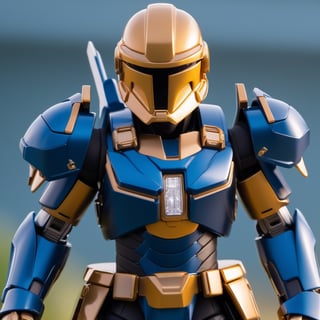 premium playset toy box, (8k, ultra quality, masterpiece:1.5), (Dutch angle:1.3), ActionFigureQuiron style,action figure box, solo, 1boy, standing, male focus, armor, copyright name, helmet, logo ,