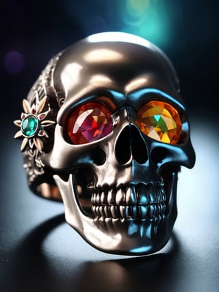 (colorful magic), (grim), magical skull inside gem, focus on a ring ,(intricate details), (hyperdetailed), 16k hdr, high detailed, lot of details, high quality, soft cinematic light, dramatic atmosphere, atmospheric perspective