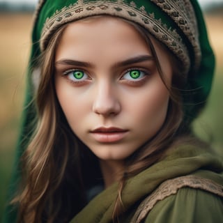 cinematic photo Portrait of a divinely beautiful, gorgeous, stunning, cute, Ukrainian teen girl with striking green eyes in the war . The luminosity of her green eyes is the focal point, contrasting with the earthy tones of her attire. Influenced by the realistic styles of classic portrait artists, with a focus on intricate detailing and natural lighting . The end result should be a high-resolution portrait capturing her cultural essence and the vividness of her eyes, 35mm photograph, film, bokeh, professional, 4k, highly detailed.