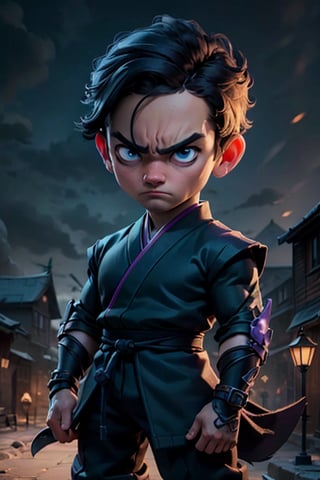 Masterpiece, best quality, caricature, chibi, boy, (20 years), purple ninja uniform, blue eyes, big eyes, angry face, looking-at-viewer, cinematic illumination, light studio, morning sky, village background, (traditional ninja clothes), (orange outfit), dark blue accessories, intricate details.,shkaristyle