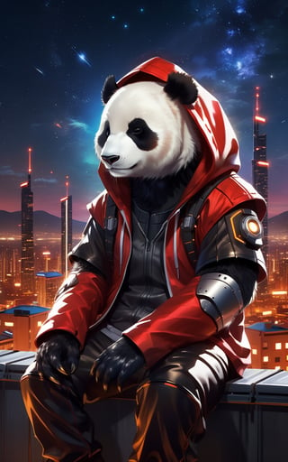 breathtaking, a cyborg anthropomorphic giant panda male furry is sitting solo on rooftop, He has very fluffy fur on cheek and animal head, mechanical arms and hands, mechanical legs and boots, He wears a short sleeves red hoodie with both proud and serious on his face, His eyes are black and shine and looking afar, city below, backlighting, night, moonlight, starry sky, shooting star, constellation, realistic, illustration, cyberpunk, science fiction, medium shot, dutch angle, award-winning, professional, highly detailed