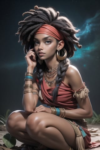 (masterpiece), beautiful eyes, (((dark_skin))), Nebula background, Nebula theme, detailed eyes, (highly_detailed_skin):1.5)), ((sitting on ground, looking_away):1.2)(cinematic, teal and orange:0.85), open_legs, Freckles, beautiful face, (angry) native_african_girl with shaved_hair wearing ((native_clothes)) and (red_headband), detailed (treditional clothes)ornaments, earings, necklace, bracelets, (((upper arm jewellery))), scar on face,outdoors, dirty, rustic, african savanah, ceremonial spear on the ground, perfecteyes,