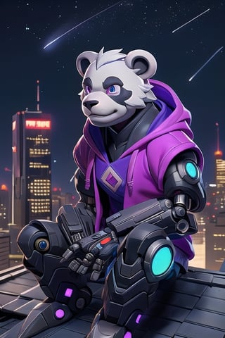 breathtaking, a cyborg anthropomorphic giant panda male furry is sitting solo on rooftop, He has very fluffy fur on cheek and animal head, mechanical arms and hands, mechanical legs and boots, He wears a short sleeved purple hoodie with both proud and serious on his face, His eyes are black and shine and looking afar, city below, backlighting, night, moonlight, starry sky, shooting star, constellation, realistic, illustration, cyberpunk, science fiction, medium shot, dutch angle, award-winning, professional, highly detailed,3DMM