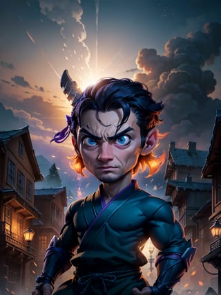 Masterpiece, best quality, caricature, chibi, boy, (20 years), purple ninja uniform, blue eyes, big eyes, angry face, looking-at-viewer, cinematic illumination, light studio, morning sky, village background, (traditional ninja clothes), (orange outfit), dark blue accessories, intricate details.,shkaristyle