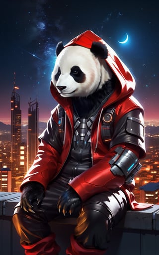 breathtaking, a cyborg anthropomorphic giant panda male furry is sitting solo on rooftop, He has very fluffy fur on cheek and animal head, mechanical arms and hands, mechanical legs and boots, He wears a short sleeves red hoodie with both proud and serious on his face, His eyes are black and shine and looking afar, city below, backlighting, night, moonlight, starry sky, shooting star, constellation, realistic, illustration, cyberpunk, science fiction, medium shot, dutch angle, award-winning, professional, highly detailed