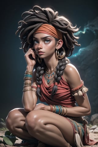 (masterpiece), beautiful eyes, (((dark_skin))), Nebula background, Nebula theme, detailed eyes, (highly_detailed_skin):1.5)), ((sitting on ground, looking_away):1.2)(cinematic, teal and orange:0.85), open_legs, Freckles, beautiful face, (angry) native_african_girl with shaved_hair wearing ((native_clothes)) and (red_headband), detailed (treditional clothes)ornaments, earings, necklace, bracelets, (((upper arm jewellery))), scar on face,outdoors, dirty, rustic, african savanah, ceremonial spear on the ground, perfecteyes,