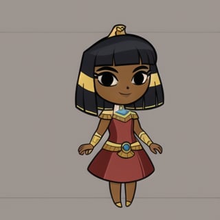 Cleopatra, red dress, dark skin, desert, full body, chibi, black eyes, smile, 