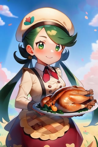 mallow, smile, green eyes, green hair, medium breasts, beige headwear, buttons, brown apron, red skirt, beige shirt, carrying thanksgiving turkey