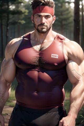 1man, red man headband, short slick back hair, singlet vest, masterpiece, best quality, dusk, woodscape, mature, muscular male, aged down, hairy body, depth of field, messy