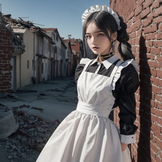 1girl, gray hair, tall, flat chest,neutral face, Delicate skin tone, black lips, low twintails, realistic, gold eyes,  black choker, maid headdress, maid apron, long sleeves, enmaided, black dress, puffy sleeves, collared dress, white apron, juliet sleeves, ascot, frilled apron, apocalypse, city in ruins, blood, street, dark atmosphere, sunset