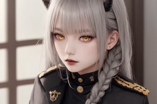 1girl, gray hair, tall, flat chest,neutral face, Delicate skin tone, black lips, military uniform, red horns, desert, (gray hair)+(long braided hair)+(bangs), yellow eyes, golden eyes, ((ringed eyes)),