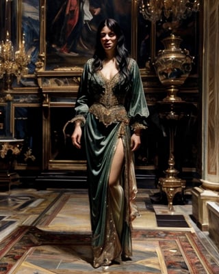 , ultra high resolution, 8k, masterpiece UHD, unparalleled masterpiece, ultra realistic 8K, 
Atmospheric perspective. Full body shot, (a italigirl in a,mansion, luxurious mansion,tiled floor,plam trees,vains ancient vases,  Italian costume,long black hair , close-up,beautiful girl,sleveless,