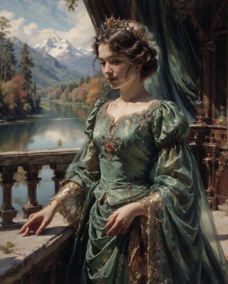 , ultra high resolution, 8k, (close-up), potrait,masterpiece UHD, unparalleled masterpiece, Atmospheric perspective. , (a close up of a princes ), ,solo , a princess stands on a spacious balcony overlooking a stunning lake The balcony overlooks a breathtaking lake nestled amidst rolling green hills. The crystal-clear water reflects the blue sky and fluffy white clouds above. forests line the opposite shore, their vibrant autumn foliage ablaze with color scene is set in autumn, Distant snow-capped peaks visible in the background, .She is dressed in a luxurious gown fit for royalty. The fabric is a rich velvet, shimmering with jewel stones, Gold embroidery,delicate lacework adorns the bodice and sleeves. A small jeweled crown rests upon her head, l. The balcony is part of a grand medieval castle, floor is Crafted from polished marble inlaid with intricate floral patterns in colored stone ,. intricate details, concept art,in the style of nicola samori,,