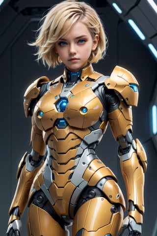 4K resalotion , (masterpiece),full body ,viewed_from_front  ,  perfect face  ,  1 beautiful  girl front view    , ,, facing the viewer ,    full body   heavy  armour ,  ,short   blonde hair,     ,perfect face, futuristic ,full body ,,  wearing  , sci-fi, mecha     armour   , simple   background ,vibrant colours  , realistic animi girl ,more detail XL  ,