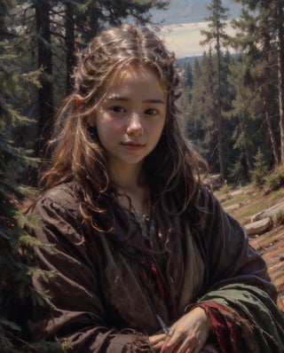 , close-up, ultra high resolution, 8k, masterpiece UHD, unparalleled masterpiece, ultra realistic 8K, 
Atmospheric perspective. close-up shot, a vilage girl in medivel Europe,in a beautiful wilage,pine trees,cottage,winter,