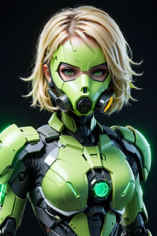 4K resalotion , (masterpiece), (full_body),viewed_from_front,( strong neon green colours ),  perfect face  ,( wearing a heavy  mecha mask), (detaild gas mask ),majestic,1 beautiful  girl front view    , ,, facing the viewer ,    close-up,   heavy  neon armour ,  ,short   blonde hair,     ,perfect face, futuristic ,  ,,  wearing  , sci-fi, mecha     armour   , simple   background ,vibrant colours  , realistic animi girl ,more detail XL  ,