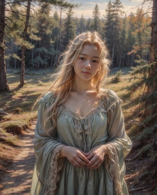 ,   ultra high resolution, 8k, masterpiece UHD, unparalleled masterpiece, ultra realistic 8K, 
Atmospheric perspective. ((beautiful a vilage girl 32 years old )) blonde,,in medivel Europe,in a beautiful wilage,pine trees,cottage,winter,(sleveless ),Autumn  ,straight hair, Rapunzel,sleveless 