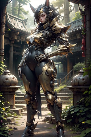 highres, ((pov from front )),front,, beautiful sense, a android ninja,   in a beautiful Japanese temple,golden female battle bot,,,(strong vibrent colours), heavy armour ,stand in henshin pose, masculine,,, ((viewed_from _front)), front side,Ultra HD, ultra detailed, close-up,,((in a Forest temple )),lush forest,cinematic poster, 1 mecha bot, ((   ninja bot )),heavy armour,  looking at the viewer,,outdoors, ((high-tech building background )),     (sci-fi),   .  highly detaild beautiful background ,   outdoor  sense with high-tech lighting, gleaming, sparkling light, front, beautiful background,