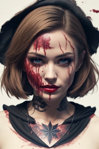 Dark magic, (masterpiece, epic realistic, highest quality, best quality, official art, beautiful and aesthetic: 1.2), (1girl: 1.3), solo, threat, rage, devilish smile, (young dark sorceress) extremely detailed, dynamic pose, battle, dark night, (a dress of blood),  abstract background, (corpses of blood, bloody splashes:1.1), ashes-flowers, fire, (body tattoos, scars, jewelry), hyperrealism