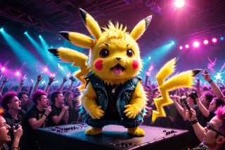 Photograph from below, taken from the crowd, full body shot of Fluffy Pikachu as a punk with Mohawk hair, performing on stage, Spotlights and bright colorful music show lights, silhouetted crowd of people around the photographer, Pikachu singing on a mic, and band mates in the background playing their instruments, 80s/90s aesthethic, cyberpunk style, cyberwear, extreme upward angle,