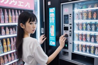 a young Japanese woman being sold from a futuristic, high-tech vending machine. The vending machine is filled with various female figures, each representing a different type of companion.