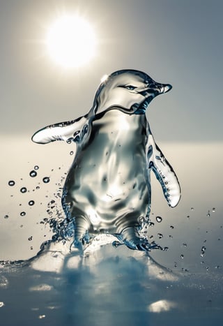 Photo of a penguin running across blue polar ice cap, made of water, dripping waterdrops, over bright sun