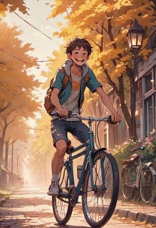 Close up of a happy boy a riding a bicycle in  Nijmegen  dreamyvibes artstyle. zavy-dtchngl