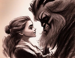 r3mbr4ndt, A dark drawing of Emma Watson as Beauty, Kissing The Beast  from the movie "Beauty and the Beast"