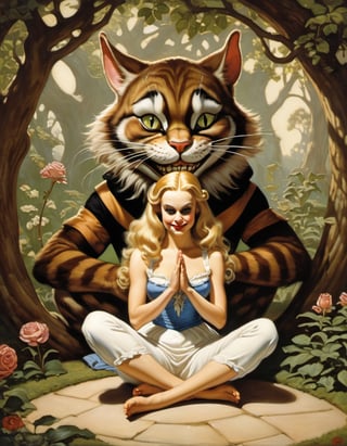 Photo of Disney Alice in Wonderland doing yoga with the Cheshire Cat, art by J.C. Leyendecker, 35mm film