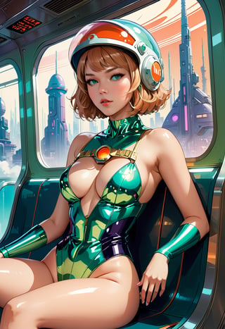 Anime artwork. Léa Seydoux in a martian train, sexy sweamwear, v line, low cut,  thigh, stronaut helmet, cleavage, crossed legs, 1970 RetroFuturism, cyberpunk city over the window, art by Makoto Shinkai, art by J.C. Leyendecker.