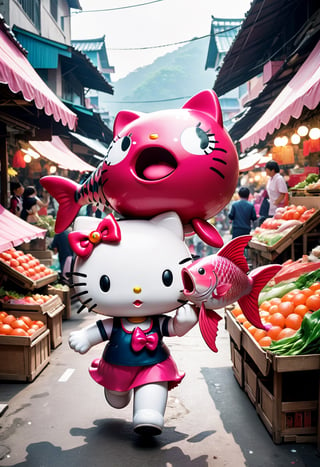 Photo of Hello Kitty holding a giant fish, running away in a market
