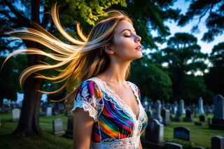 Photo.  Profile of a woman in a lace summer dress, She is looking upward with her eyes closed beside a tree.  Background is a cemetery. ral-exposure, masterpiece, best quality, long exposure, dynamic streaks, luminous trails, vibrant colors, fluid movement, captivating patterns, creative experimentation