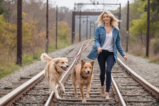 Photo of a blonde woman, arm stretched for balance, walking heel-to-toe on a single train rail. Her dog, a playful and energetic breed, trots along the rail beside her.