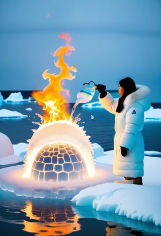 Photo of an inuit looking at a burning Igloo made of water and ice, melting, pool of water on ice,