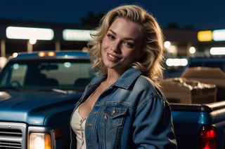 Closeup nighttime photo of a blonde woman leaning against the open trunk of a pickup truck. She is smoking. She is wearing a denim jacke, and exudes a carefree attitude with a cigarette in her hand and a playful grin on her face. The background reveals a dimly lit parking lot, with just enough light to cast a mysterious ambiance. A hazy atmosphere envelops the scene, adding to the overall intrigue.