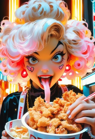 anime_artwork, rococo, grand_photograph, polaroid, annoyed_girl, eating KFC chicken, neon_glowing_hair, canon_5d_mark_4, neon_light, kodak_ektar, flamboyant, pastel_colors, curved_lines, elaborate_detail, rococo, art by j.c. leyendecker