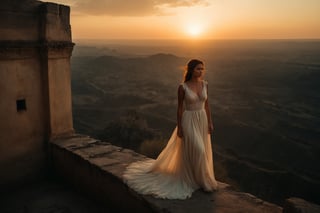 A striking cinematic shot of a  woman standing atop an ancient, crumbling fortress, overlooking a vast landscape. The sun sets in the background, casting a warm golden light over the scene. The woman, dressed in a flowing white dress, gazes intently into the distance, her expression a mixture of determination and melancholy. The overall atmosphere is both majestic and nostalgic, with a touch of mystery and romance., cinematic. Canon 5d Mark 4, Kodak Ektar