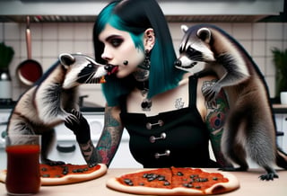 Profile of 1girl, Goth girl with piercing and tattoo, cooking beans over pizzaRoman soldiers  beating raccoons,none