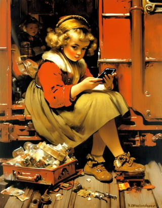 Oil Painting, Girl holding a phone, sitting on train,  red interior, rust, garbage on the floor, broken bottles, r3mbr4ndt, art by Rembrandt, art by J.C. Leyendecker