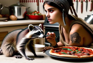 Roman soldiers killingraccoons in the kitchen. Profile of 1girl, with piercing and tattoo,   cooking beans over pizza