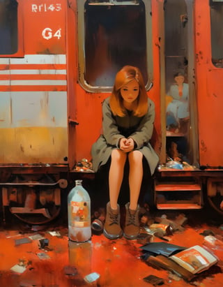 Oil Painting,Girl sitting on train, red interior, rust, garbage on the floor, broken bottles, r3mbr4ndt