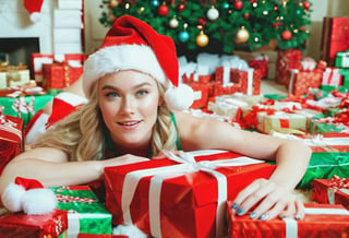 Cinematic Film Still, Pale Blonde Woman, freckles, braids, wearing Santa hat, laying down on her back in a giant pile of presents, in a mansion, raw photo, nikon