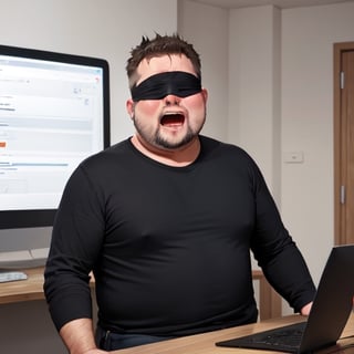 monitor, middle aged fat man, drooling, blindfold, black blindfold, ItsAllFuckingLewdsMeme, 